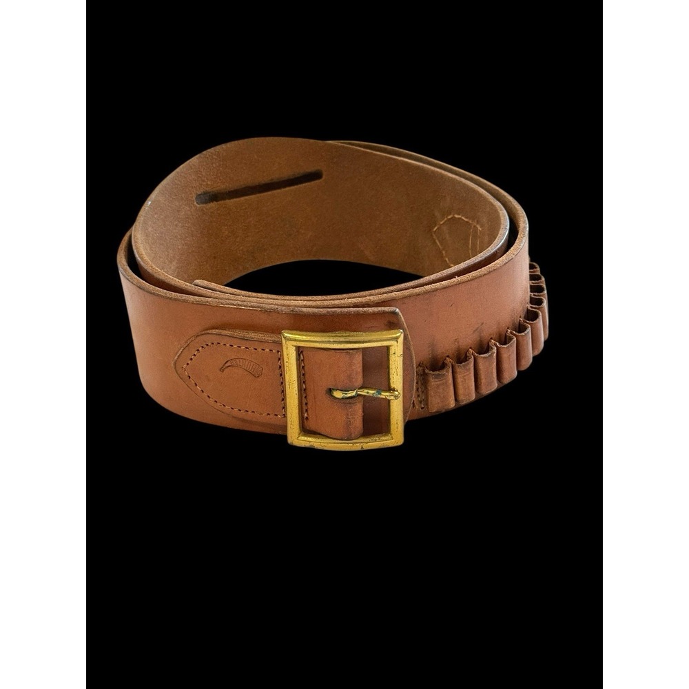 Vintage Hunter Leather Gun Ammo Belt 158 Brown Brass Buckle 53" X 2.25" Belt
